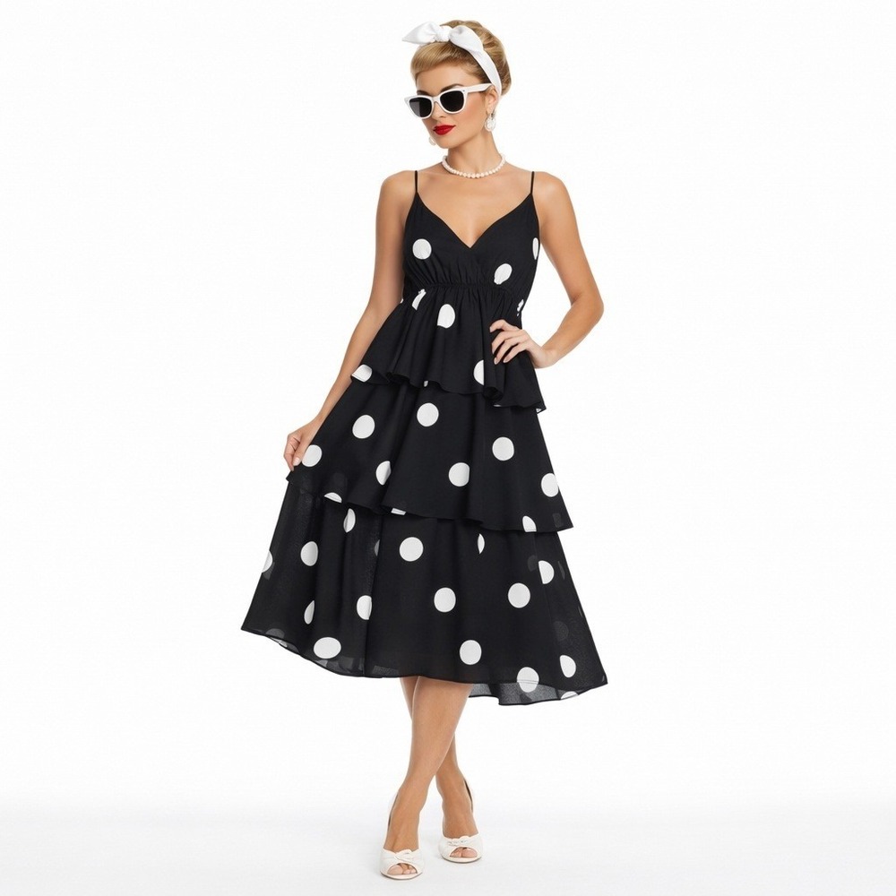 OPT Rockabilly Polka Dot Midi Dress Black White Tiered Ruffle 50s Retro Size XS